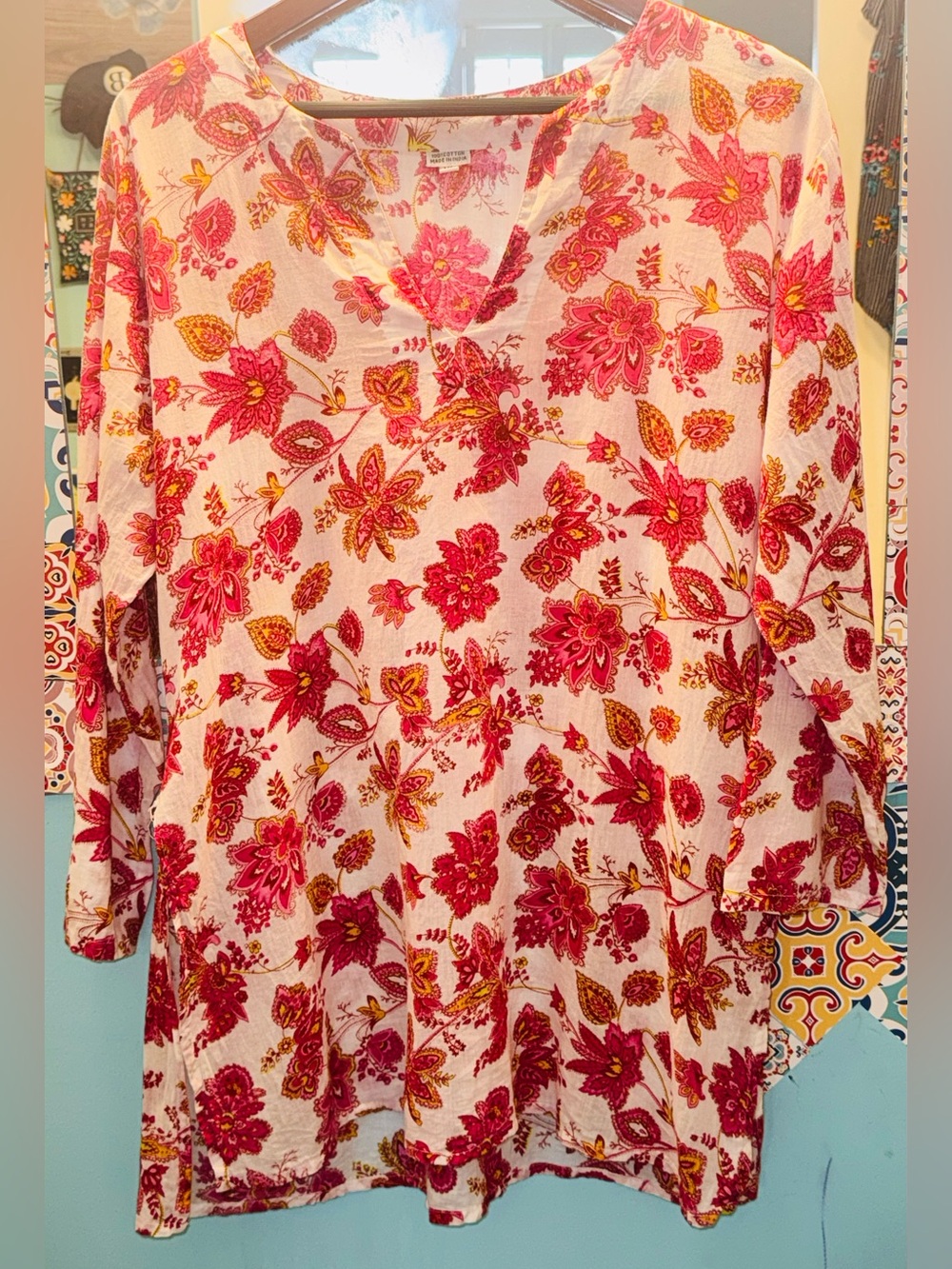 Boho Pink Floral 100% Cotton Tunic Cover Up XL | Made in India